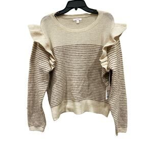 Lauren Conrad LC Sweater Women's XL Dizzy Striped Knit Ruffle Shoulder Cream